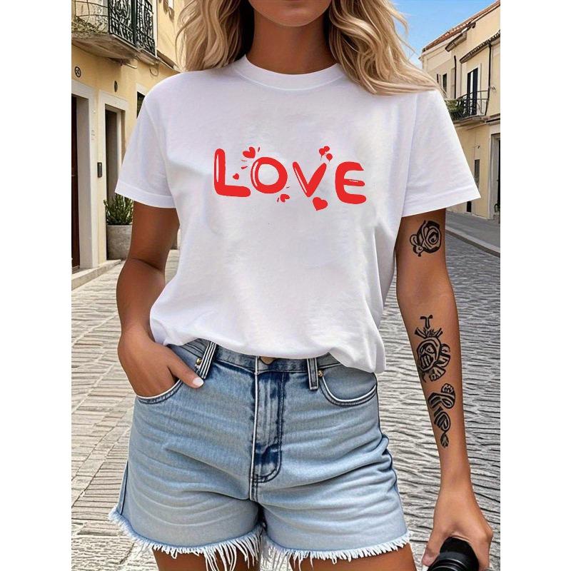 Футболка с принтом  LOVE , с коротким рукавом, круглым вырезом, повседневный топ для лета и весны, женская одежда S белый