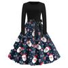 Christmas Print Flare Dress For Women Long Sleeve Dress Hollow Party Casual Dresses
