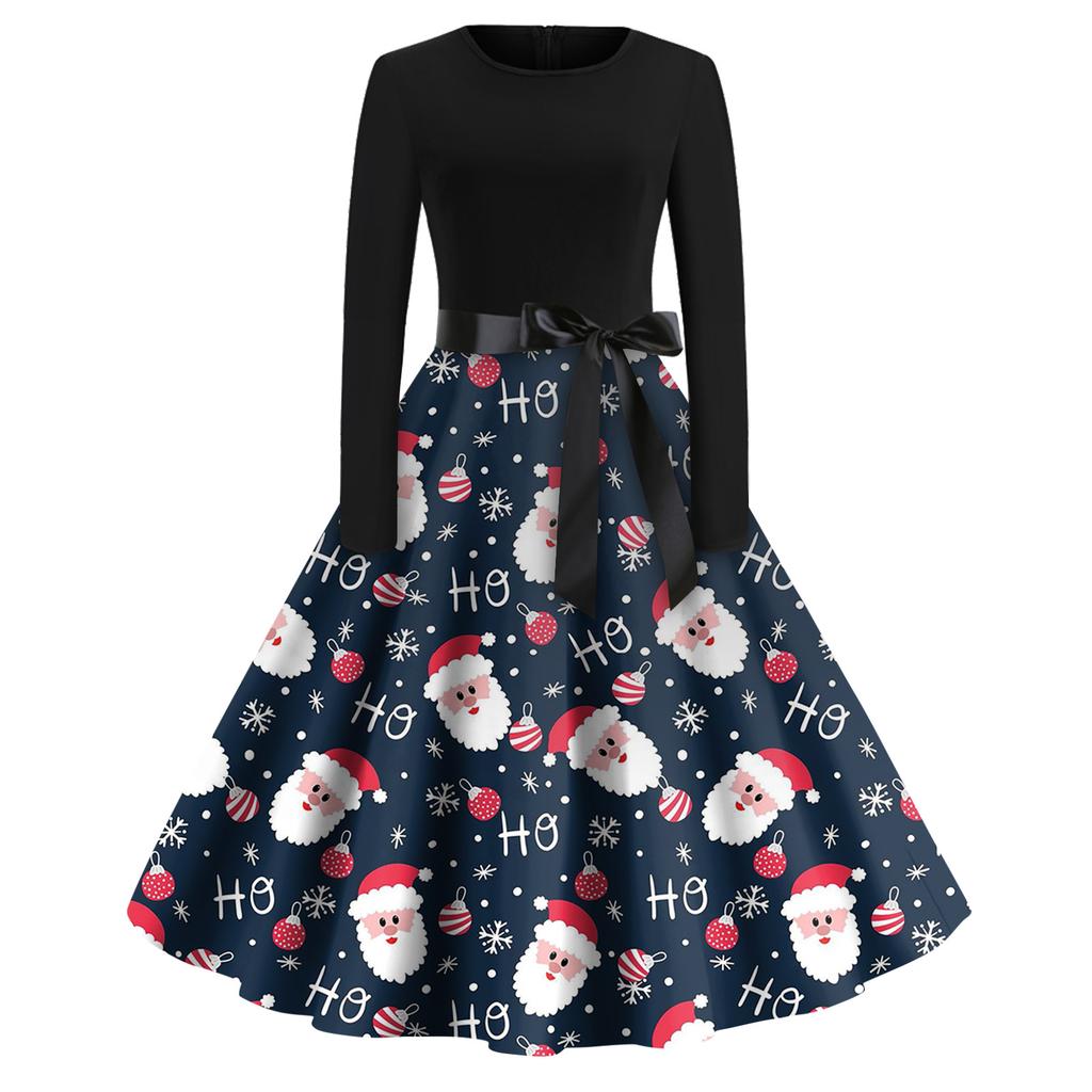 Christmas Print Flare Dress For Women Long Sleeve Dress Hollow Party Casual Dresses