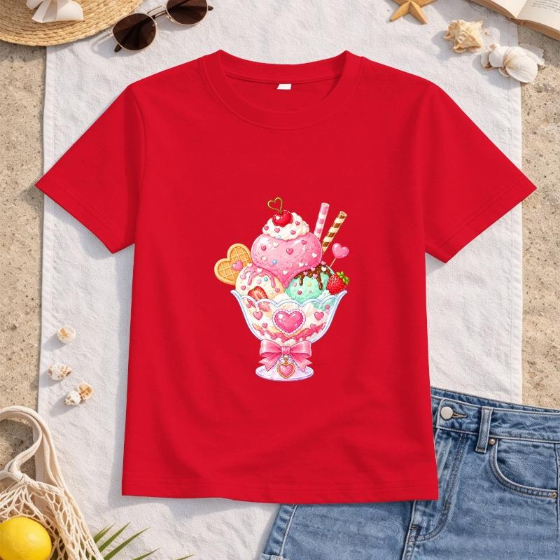 Girls Heart Sundae Ice Cream Print Crewneck Short Sleeve Tee, Soft Breathable Top for School Travel Daily