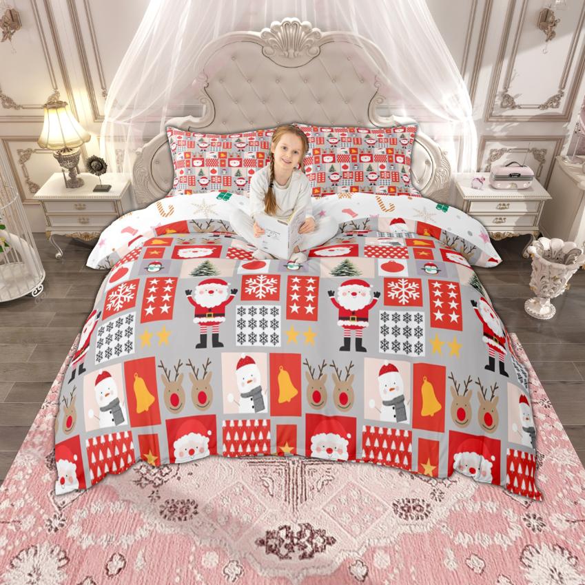 Homewish Kids Merry Christmas Duvet Cover Set, Cute Snowman Santa Claus Bedding, Tree Quilt Cover Set