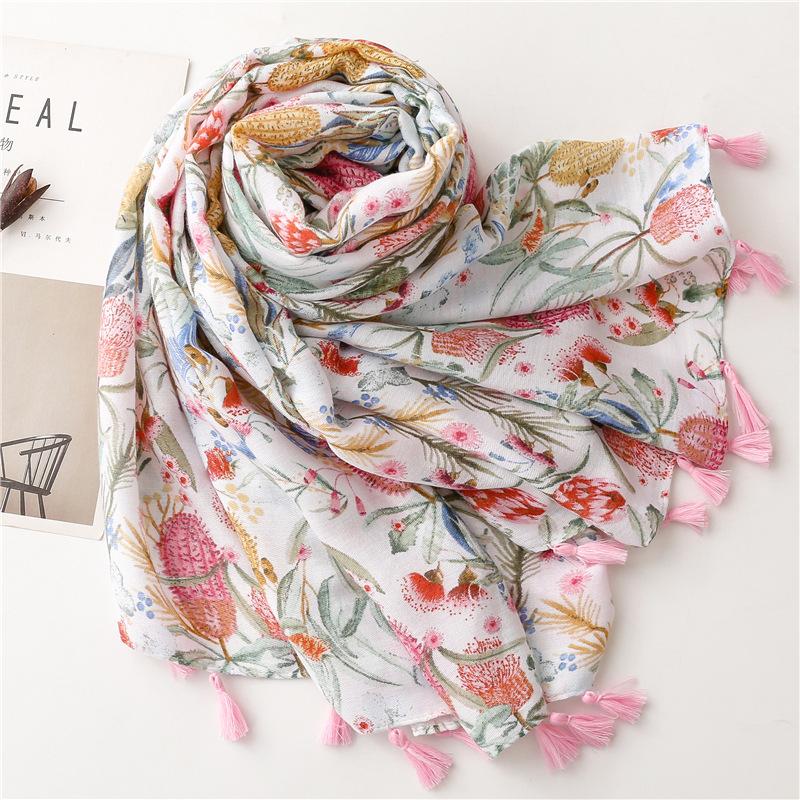 New Women Fashion Luxury Aztec Floral Tassel Viscose Scarf Lady Print Soft Shawls and Wraps Pashmina Muslim Hijab Snood 180*90Cm