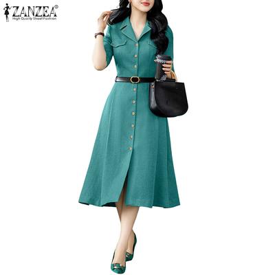 Women Summer Turn Down Collar Casual Short Sleeve Dress