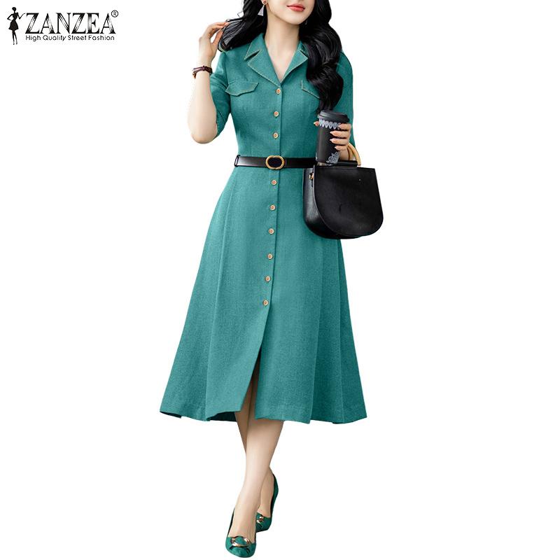 ZANZEA Women Summer Turn Down Collar Casual Short Sleeve Dress