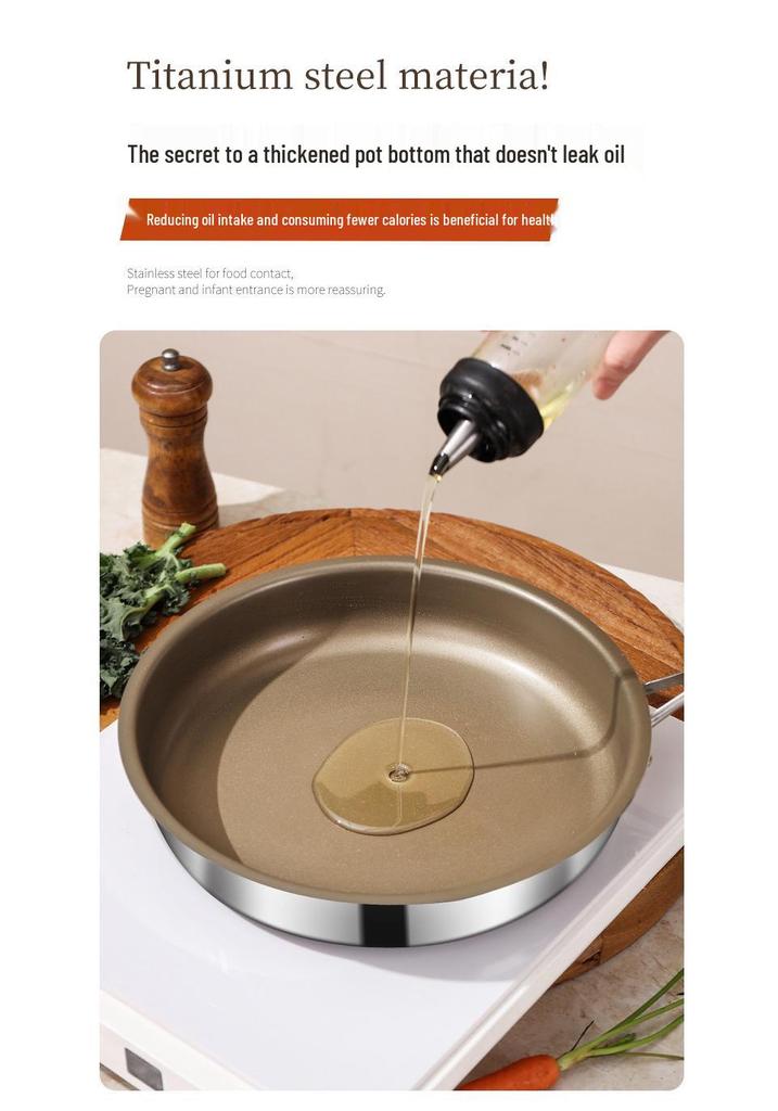 Titanium 316L Non-Stick Stainless Steel Frying Pan, Flat-Bottomed, Universal for Induction and Gas Stoves, Ideal for Commercial Use and Fried Eggs.