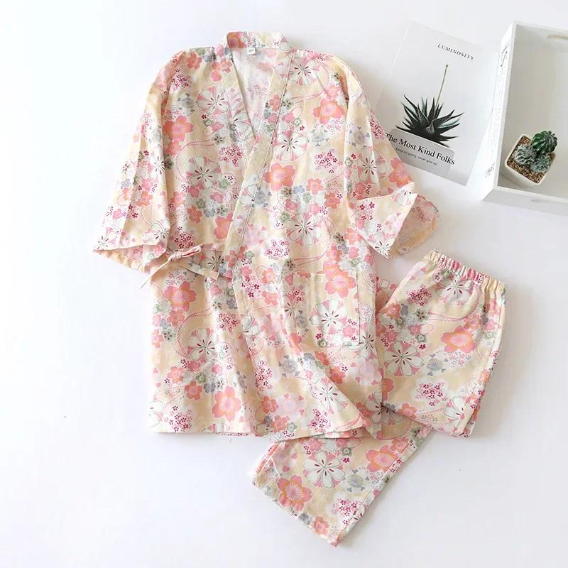 Yedi Kollu Kimono Pijama Seti Kadın İlkbahar ve Sonbahar %100 Pamuk Gazlı Bez Ev Giyim Şirin Tatlı