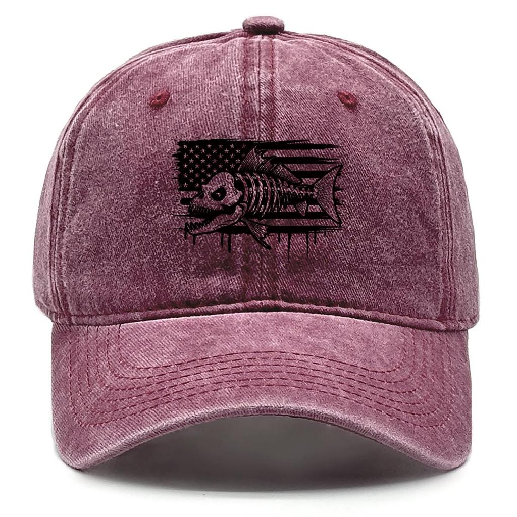 American Flag Fish Skeleton Print Adjustable Baseball Hat, Patriotic Mesh Hat Retro Distressed Non-Stretch Fabric Washed Snapback Sun Hat