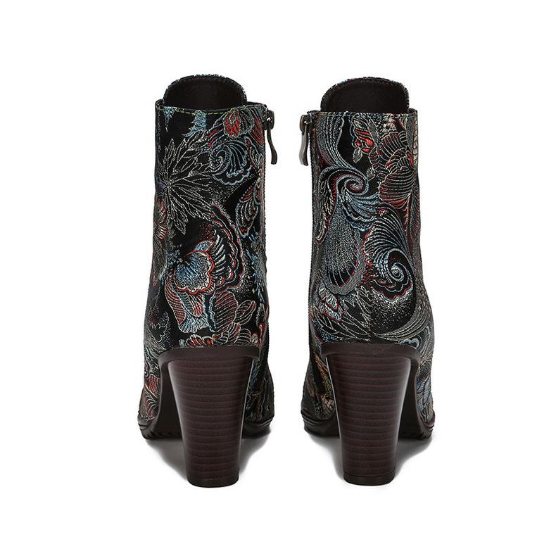 Johnature Bokacsizma Női cipő Valódi bőr etnikai stílusú hegyes orrú, kézzel készített divatos magassarkú modern csizma