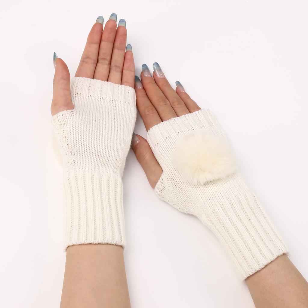 New Short Pom Pom Gloves for Women's Fashion Autumn and Winter Knitted Woolen Sleeve Sleeves for Warmth  Half Finger Exposed Gloves
