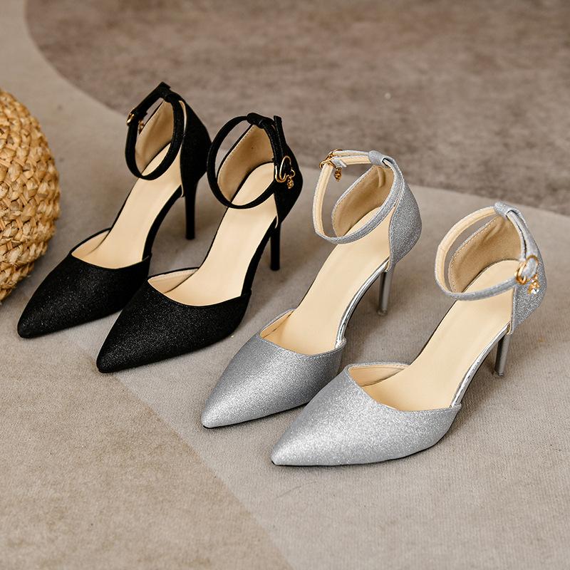 One-word Buckle High-heeled Sandals Women's Spring and Autumn New Models with Skirts, Thin-heeled Sandals, Bag Head, Hollow Single Shoes
