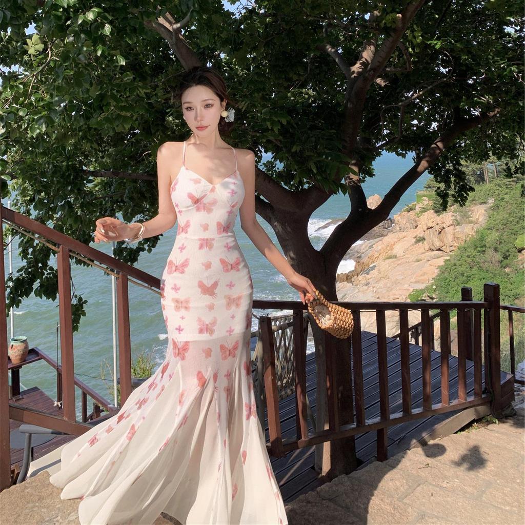 Květinové špagetové šaty s nízkými zády a rybím ocasem pro ženy - Zeštíhlující letní styl