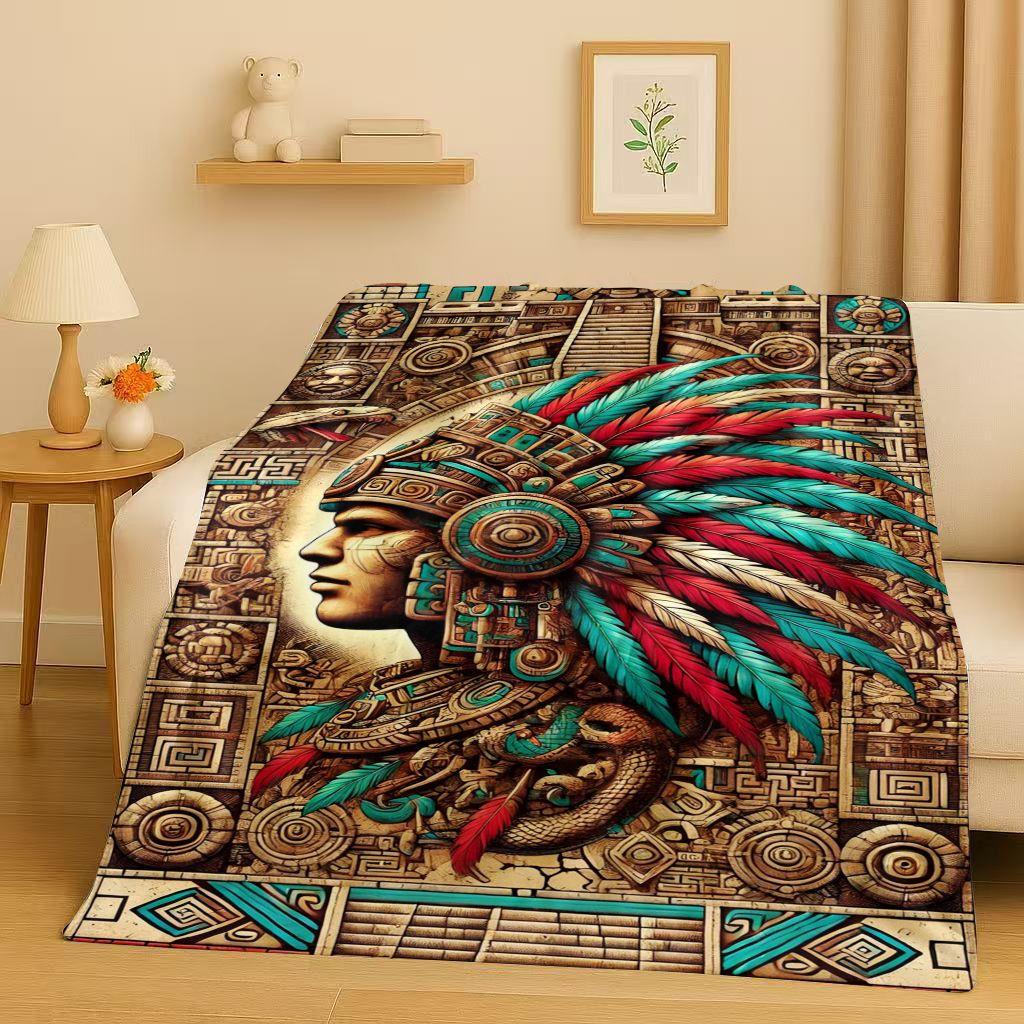 Retro Aztec Totem Maya Mask Sun God Flannel Blanket,Ultra Soft Warm Plush Throw for Home Bedroom Bed Sofa Cover Office Gift Kids