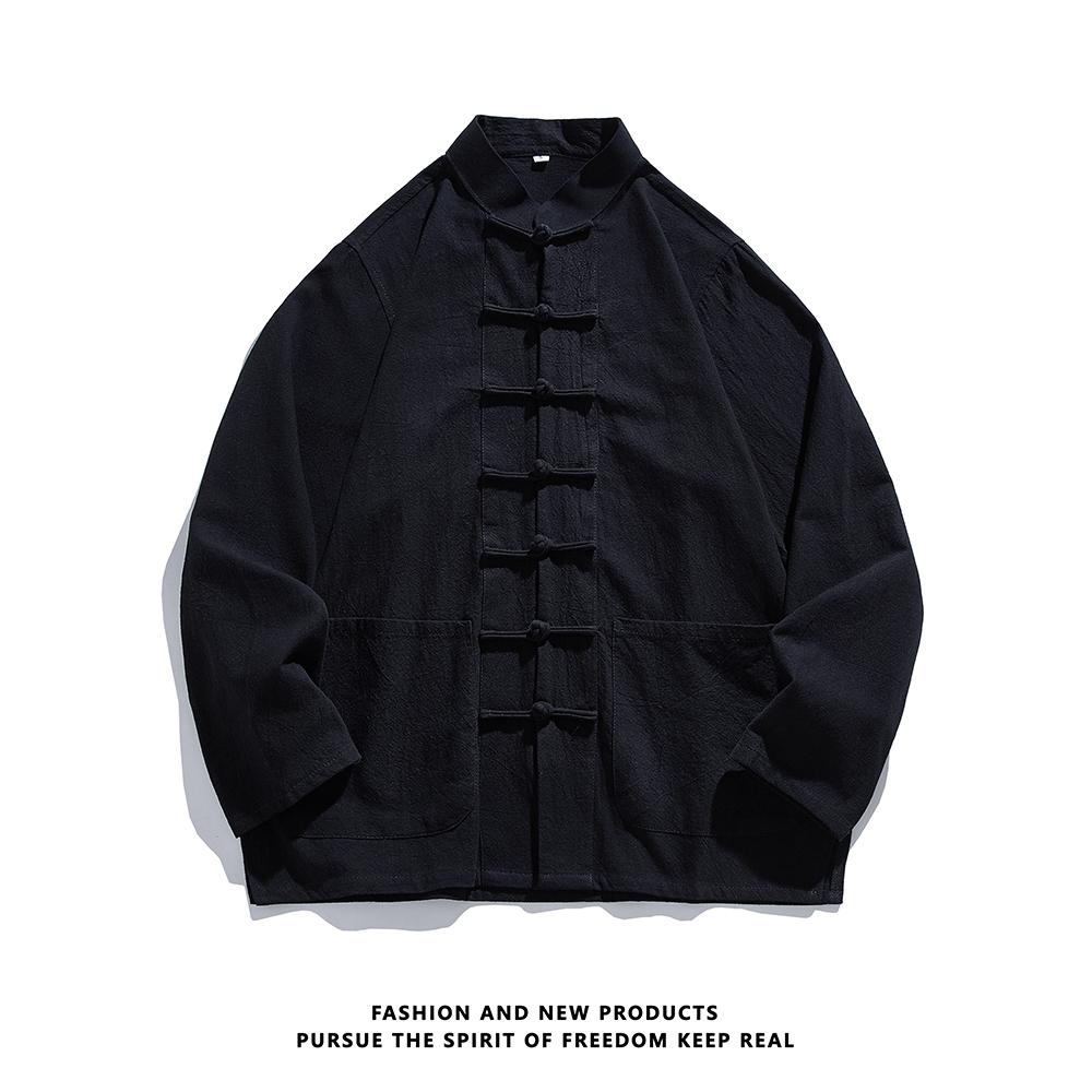 Herbst Herren Einfarbiges Hemd Herren Langarm Chinesischer Stil Hemden Tang Anzug Herren Retro Kung Fu Tai Chi Oberteile Weiße Hemden