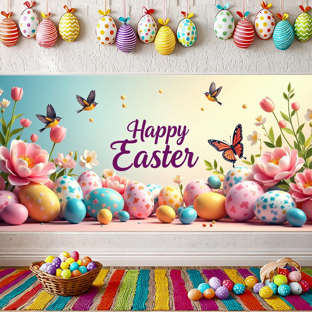 Happy Easter Backdrop Banner Easter Egg Bunnies Photography Prop Decorations Garden Party Supplies Background Spring Decor