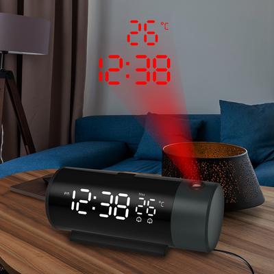 Digitaler Doppelwecker, LED-Projektor, Thermometer, Schreibtisch, Schlafzimmer, Nachttisch, 180 ° Drehung, Projektion, Schlummeruhr, USB-Handy-Aufladung
