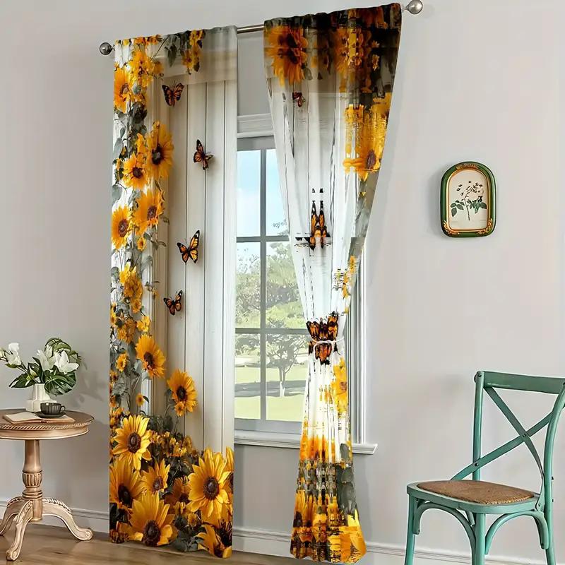 2pcs- Floral and Plant Printed Curtains, Pole Bag Curtains, Bedroom and Living Room, Home Decoration, Room Decoration