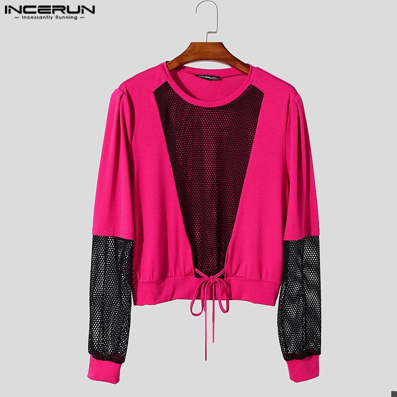 INCERUN Sexy Men Mesh Patchwork Long Sleeved Hollow Out Short T-shirts Tops