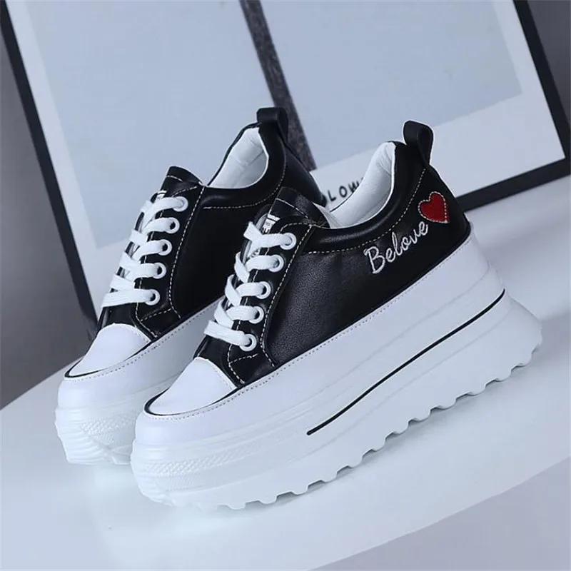 Fashion Spring Autumn Women High Platform Shoes 9CM Comfortable Chunky Sneakers Breathable Leather Wedges Casual Sport  Walking Shoes