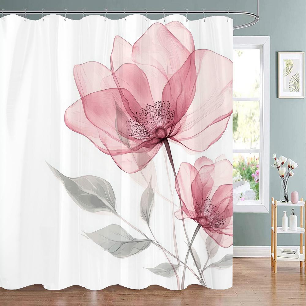 Colorful Flowers Shower Curtain for Bathroom Pink Floral Romantic Plants Nature Scenery Decor Shower Curtain with Hooks