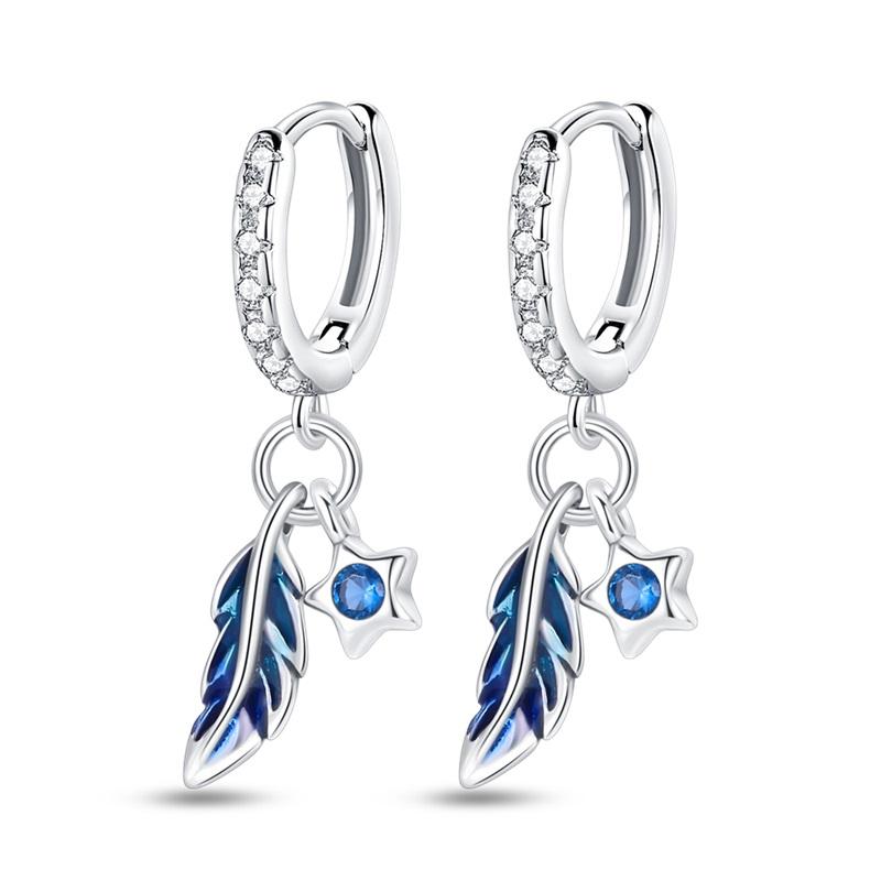 925 Silver Blue Zircon Dreamcatcher Feather Star Moon Cute Claw Hoop Earrings For Women Fine Birthday Jewelry Gifts