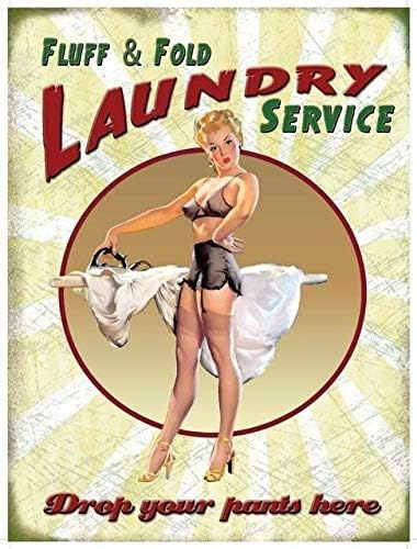 

Vintage Style Fluff Fold Laundry Service Pin Up Girl Home Wall Decor Metal Tin Sign for Home Kitchen Bar Club Pub Restaurant 20x30cm（7.8x11.8inch）