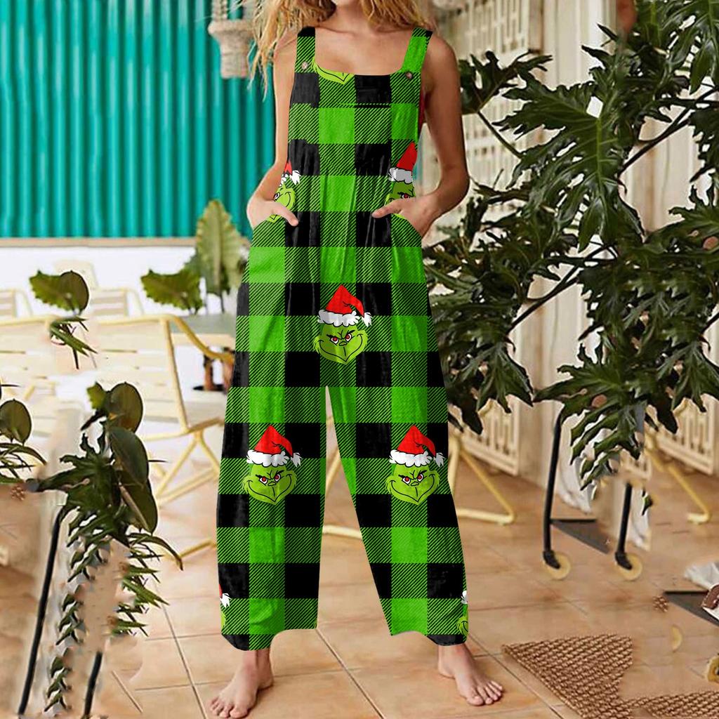 Damen Lässige Overalls Jumpsuits Verstellbare Träger Ärmellos Weihnachtsprint Bequeme Einteiler Mit Tasche
