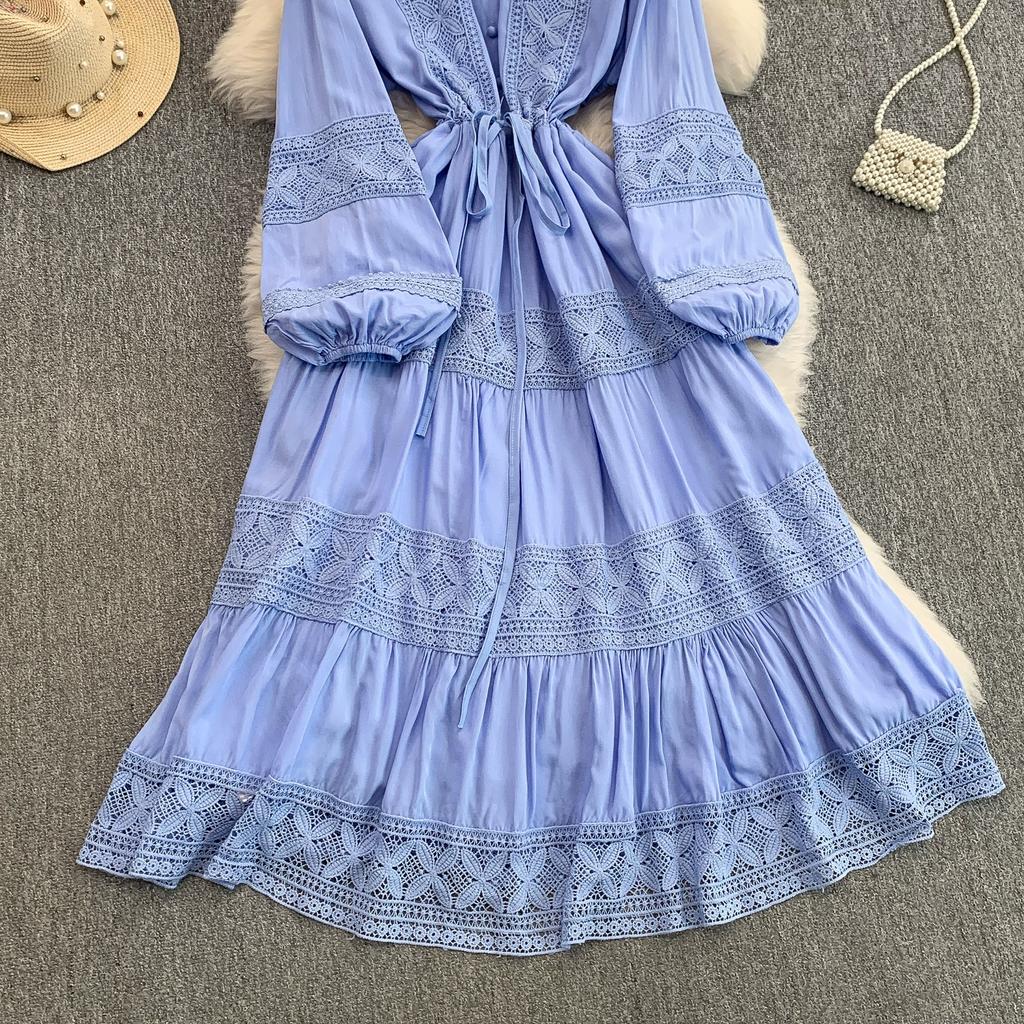 Lace Patchwork Round Neck Long Sleeved Dress for Women In Spring  Autumn Buttoned Drawstring Waist Cinching Slimming Cake Women Dress
