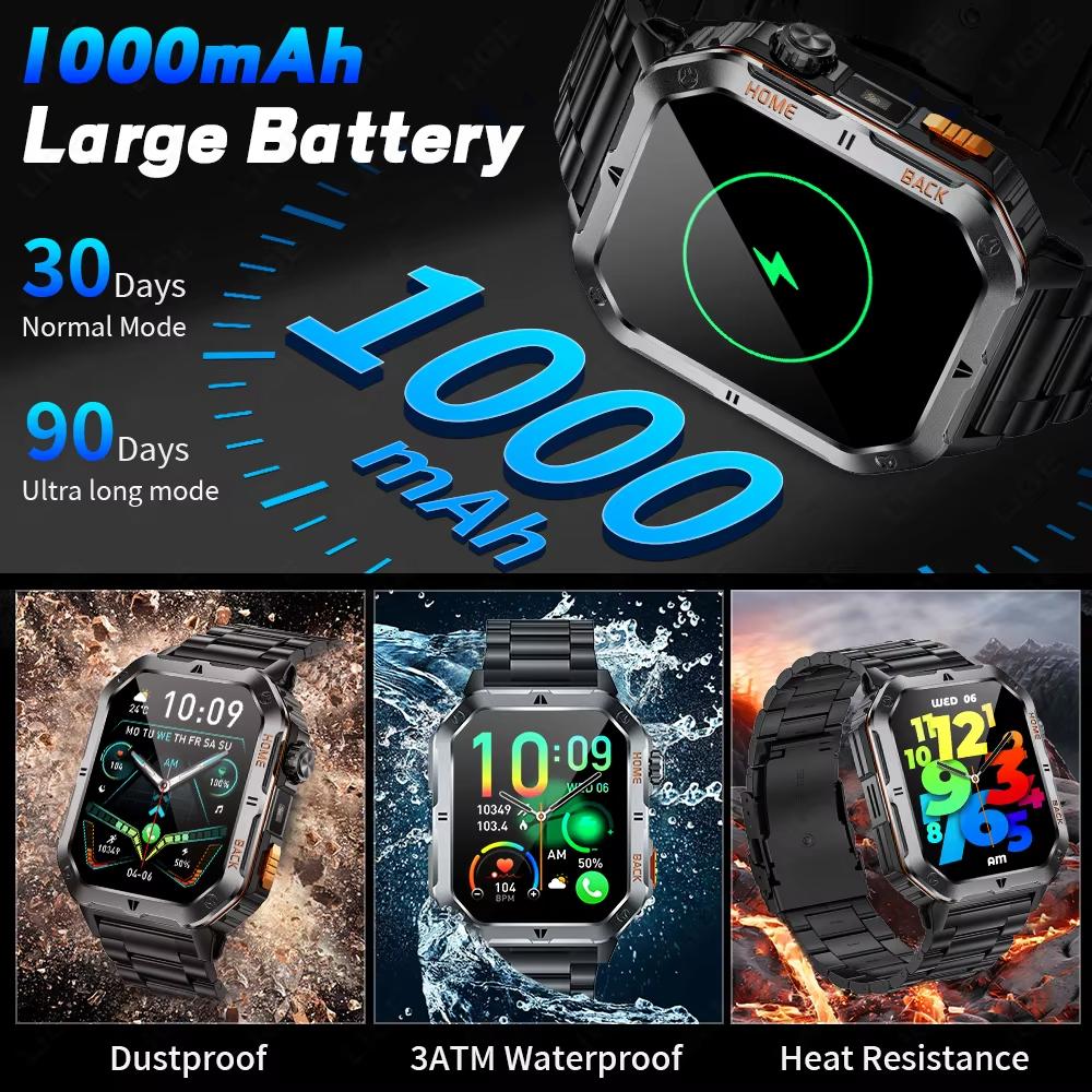 Rugged Military 1000mAh Smart Watch Men Outdoor Flashlight  Watch 2.01" HD Touch Screen Voice Bluetooth Call Smartwatch NEW