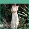 Romantic French Style Sleeveless Long Dress With Pleats And Zipper For Summer Elegance