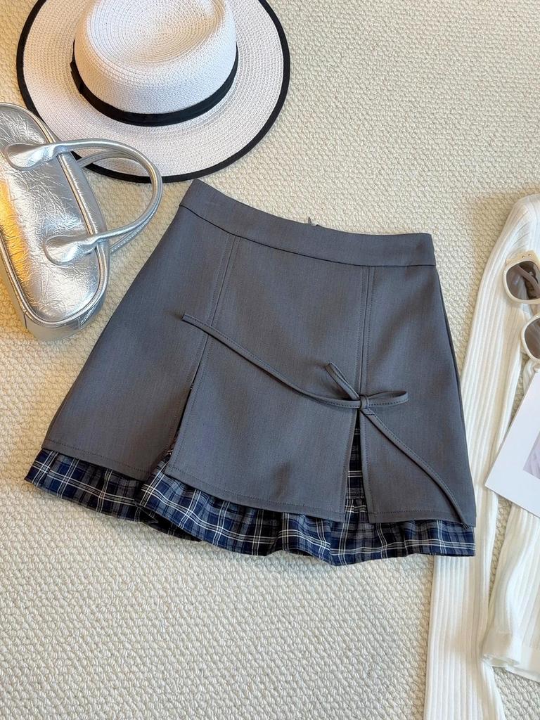 Elegant Grey Plaid Patchwork A-Line Mini Skirt for Women - High-Waisted Spring 2026 Fashion