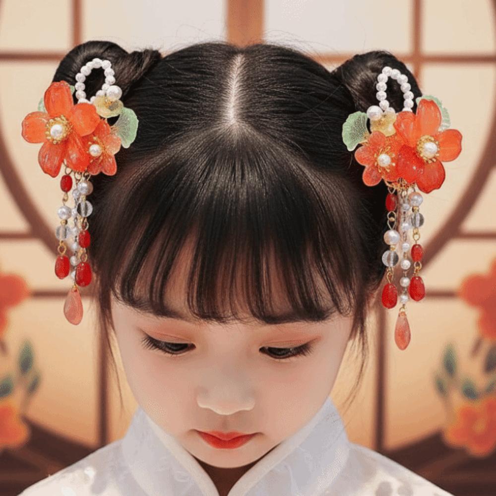 1 Pair Double Clip Pearl Bunny Hair Clips Floral Tassel Fairy Hairpins Hanfu Hair Clips Festival