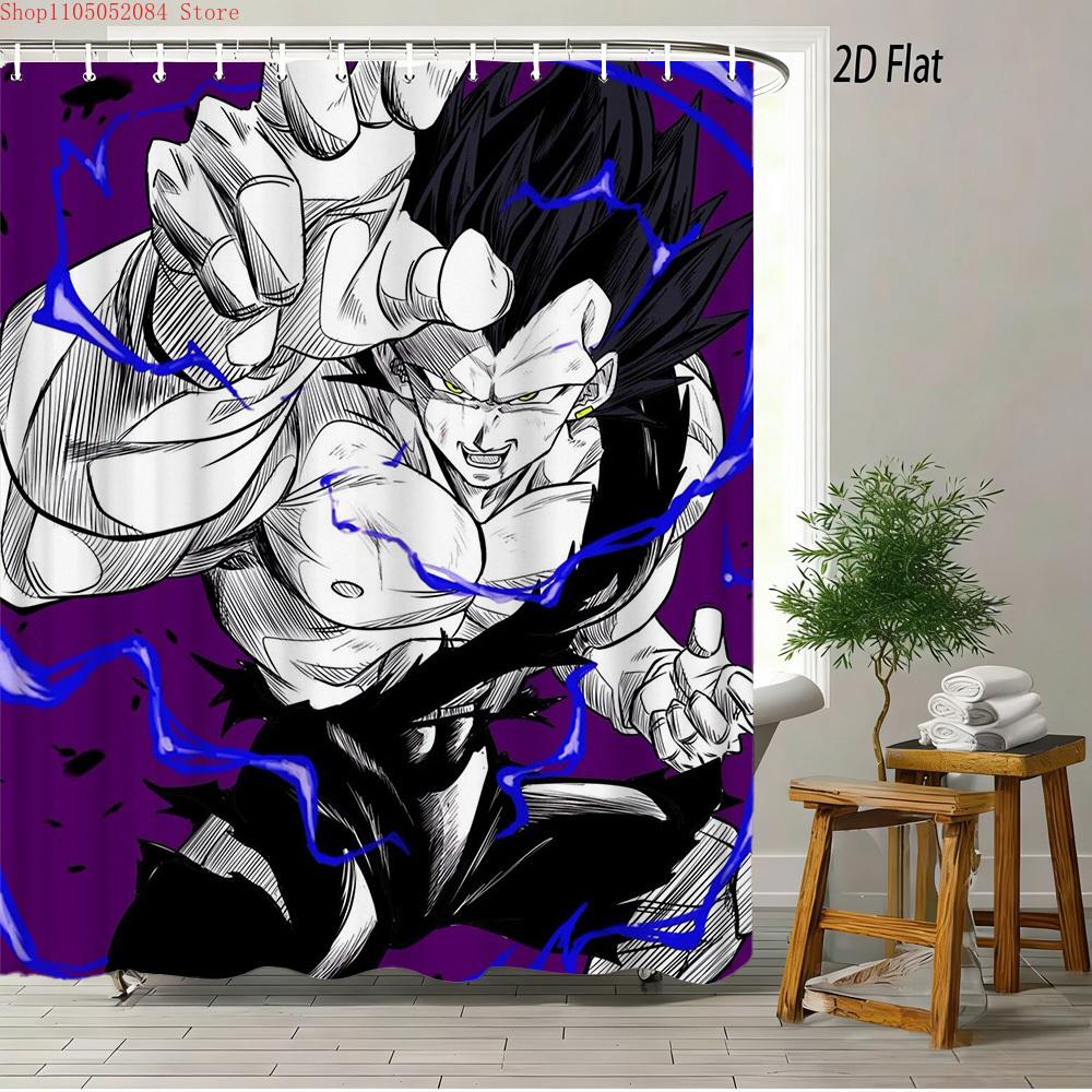 Dragon Ball Z Vegeta Super Saiyan Rüstung Szene 2D Druck Wasserdichter Duschvorhang, Retro Körniger Türkisblauer Himmel Hintergrund mit Ikonischem S