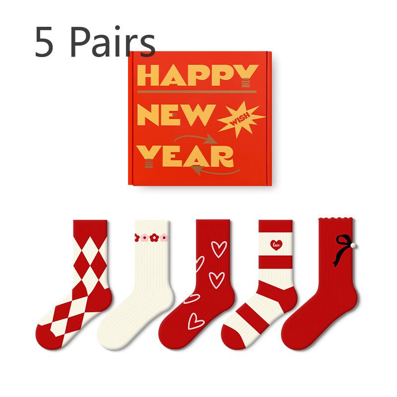 5 Pairs of Female Spring and Autumn Love Embroidery New Year Red Stockings