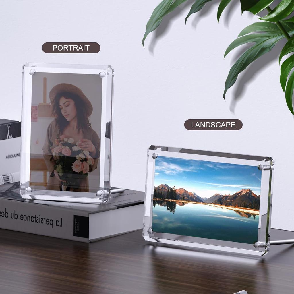 Acrylic Picture Frame 4x6, 2 Pack of Clear Magnetic Picture Frame with Diamond-Edge Design for Portrait or Landscape Display-Modern Frameless Lucite