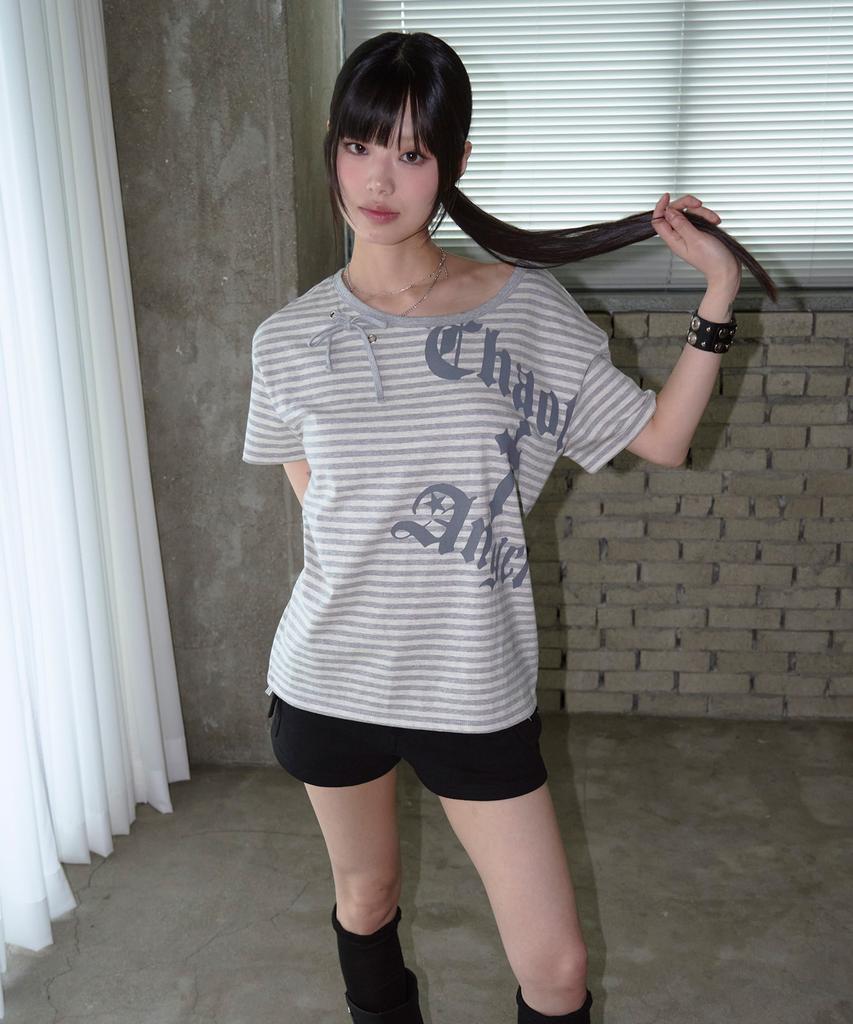 PRENDA Ribbon Tie Eyelet Striped Tee Ivory