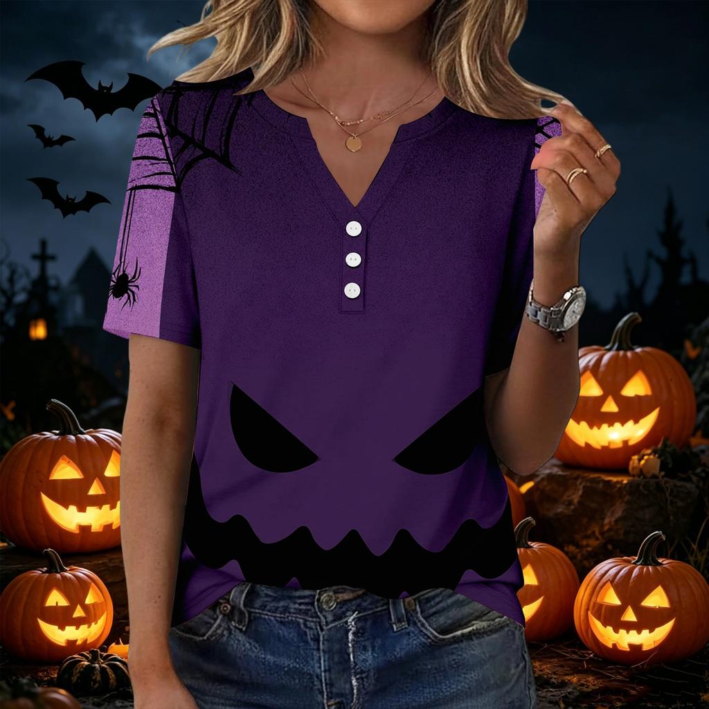 Women Casual Halloween Print V Neck Short Sleeve Button T Shirt Lightweight Soft Fabric Relaxed Fit Top for Everyday Wear