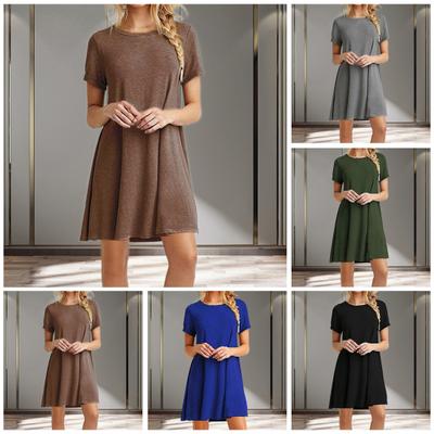 Women Dress Simple O Neck Short Sleeve Solid Color Summer Dress for Daily Wear