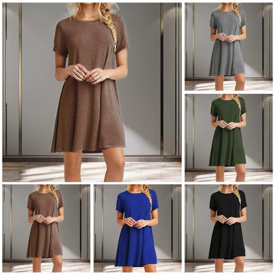 Women Dress Simple O Neck Short Sleeve Solid Color Summer Dress for Daily Wear