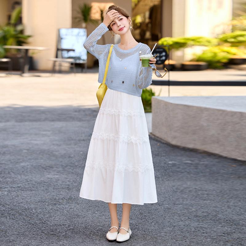 2025 Summer Women's White Sunscreen Spaghetti Strap Two-Piece Dress Set - Petite Slimming Fit (YF2563)