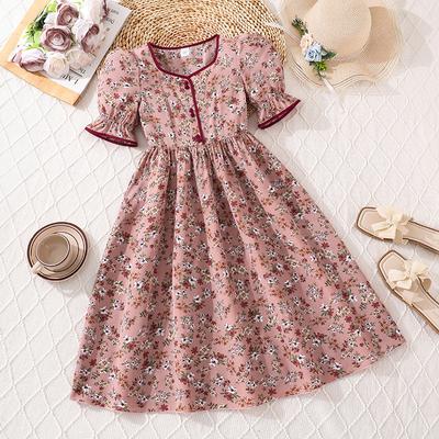 Girls' Fashionable Dress for Summer, Children's Retro Elegant Floral Short-sleeved Princess Dress