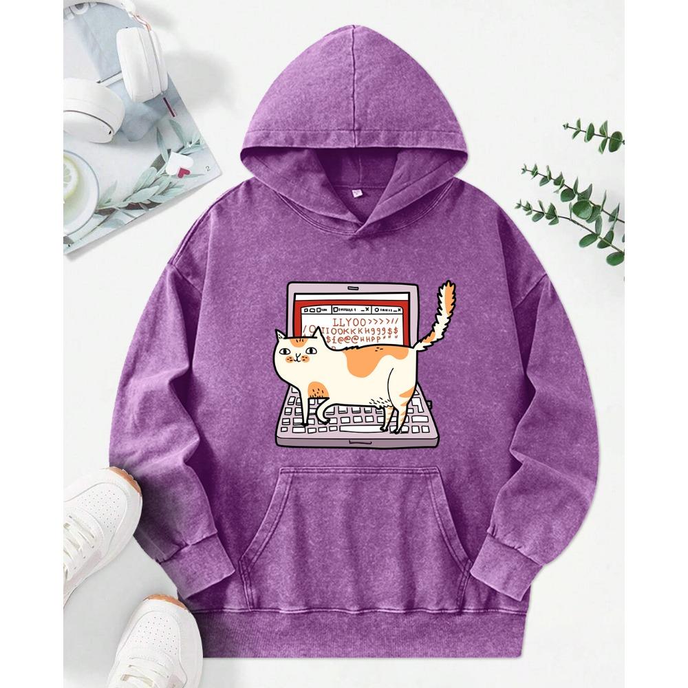 Cats Walking On Computer Keyboards Prints Washed Hoodies Women Cotton Fashion Clothes Autumn Loose Hoody
