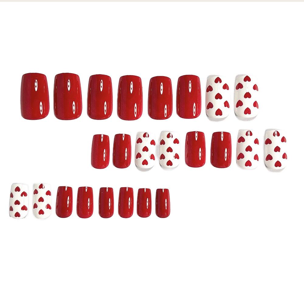 Chinese nail simple and elegant red glossy love white French fake nail fashion versatile wear nail
