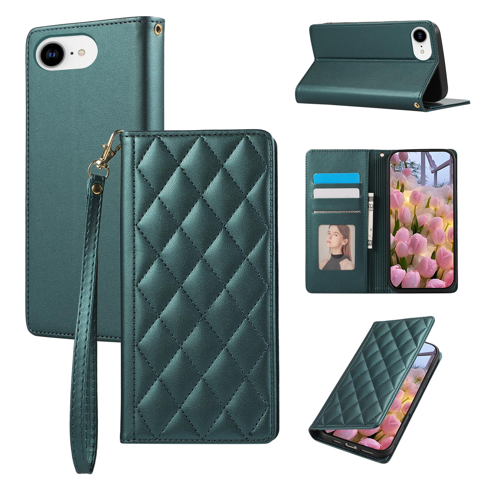 

For iPhone 16e Case RFID Blocking Wallet Stand Rhombus Leather Phone Cover with Wrist Strap Green