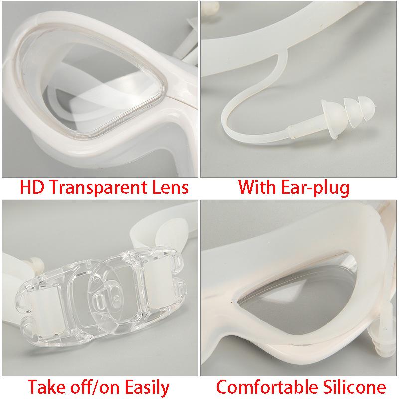 Schwimmbrille mit großem Rahmen und Ohrstöpseln, HD-transparente Gläser, beschlagfrei, Silikon, wasserdicht, Herren, Damen, Schwimmbrille, Erwachsene