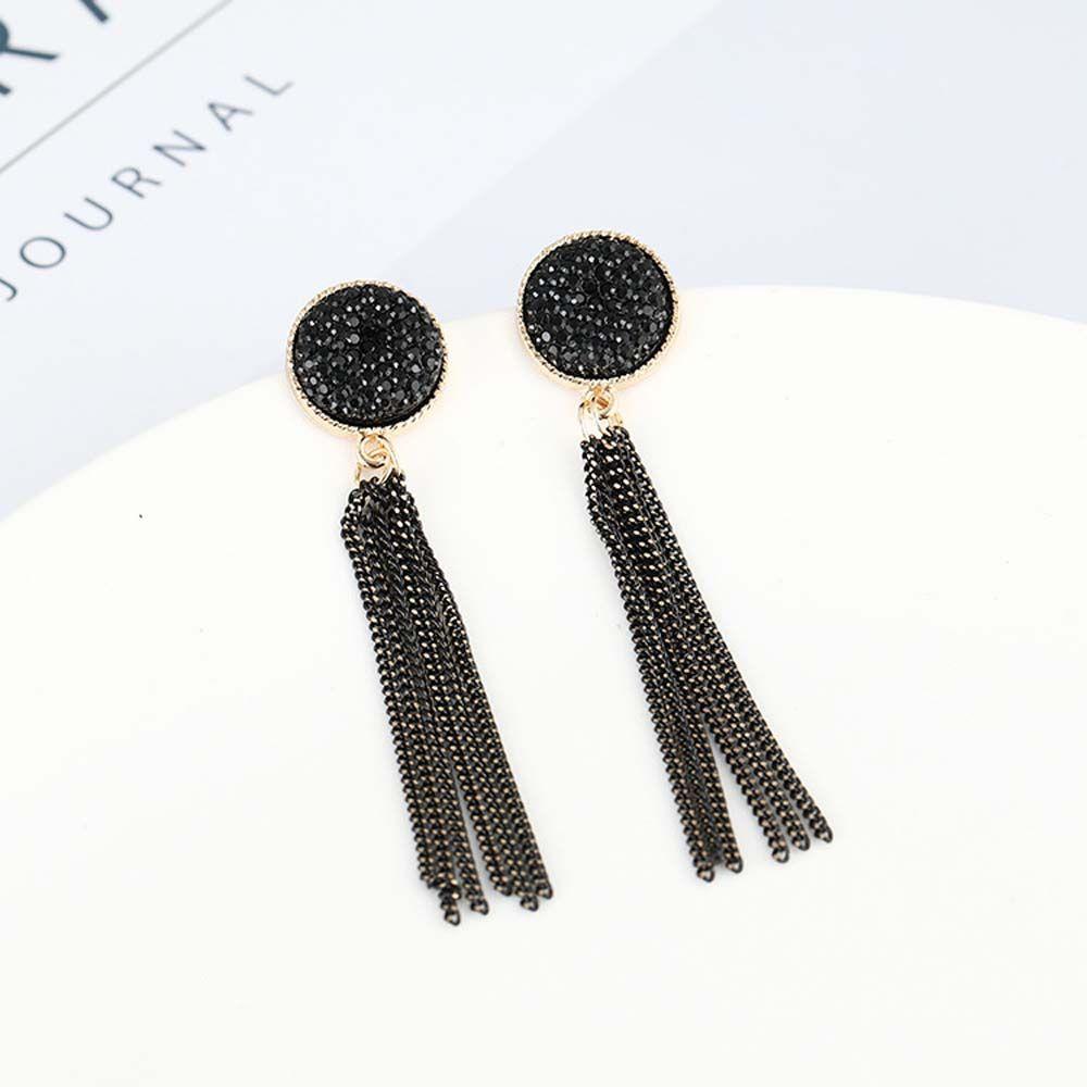 Lady Elegant Party Accessories Black Round Long Fashion Tassel Dangle Earrings Ear Studs Jewelry