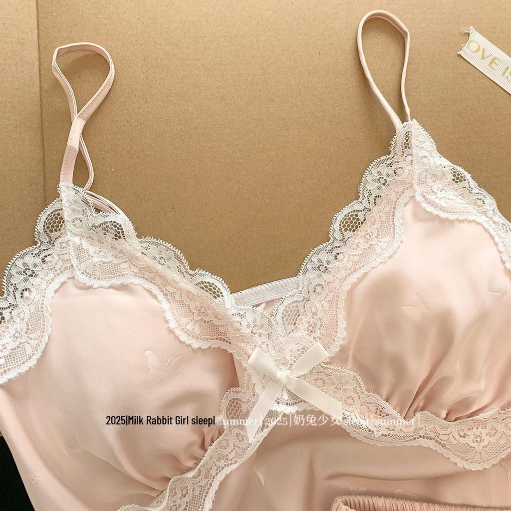 Women's Ice Silk Camisole and Shorts Set - Sexy Lace Pajamas for Summer, Spring, and Autumn