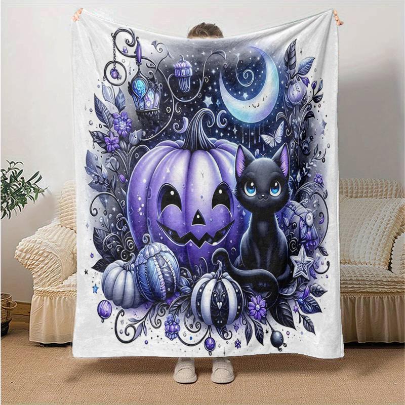 1pc Happy Pumpkin & Cat Blanket  Soft Throw for Home Decor, Gift Idea, Living Room, Travel, Camping, Car Blankets