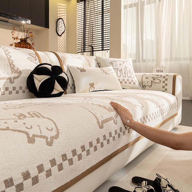 Cartoon Half Fleece Sofa Cushion  New Winter Simple Modern Seat Cushion Fixed Non-Slip Sofa Cover Cover Cloth