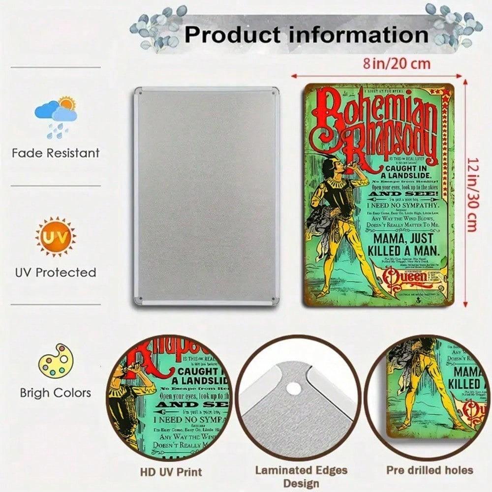 Placca Metallica Vintage Bohemian Rhapsody Arte da Parete in Metallo Poster Retro Queen 8x12 Pollici