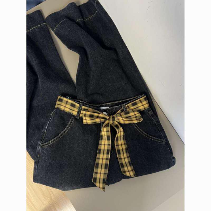 Washable Plaid Patchwork Bow Wide-Leg Jeans - American Retro 2026 Design S черный серый
